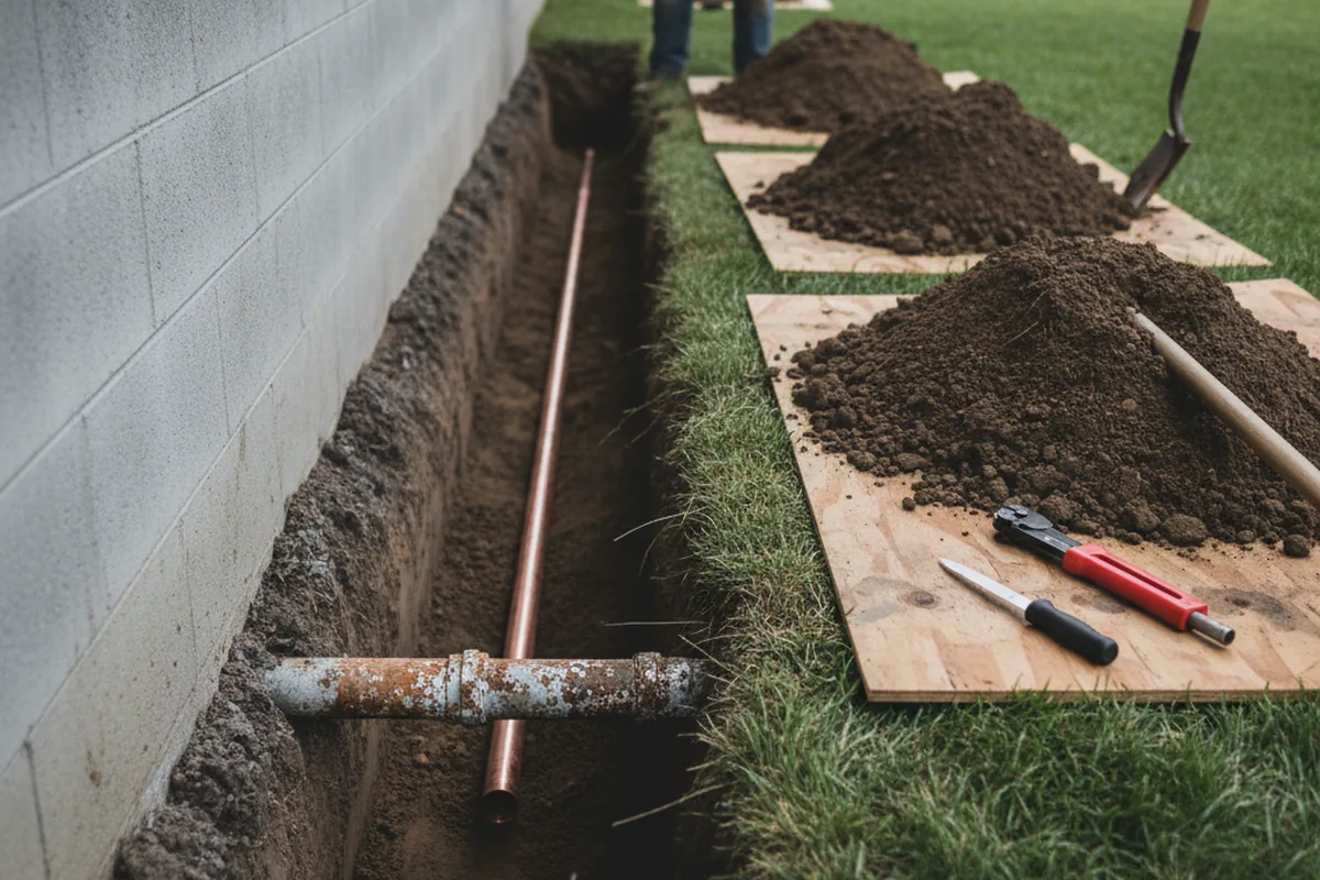 Excavated water line trench during Water Heater Repair in Friend